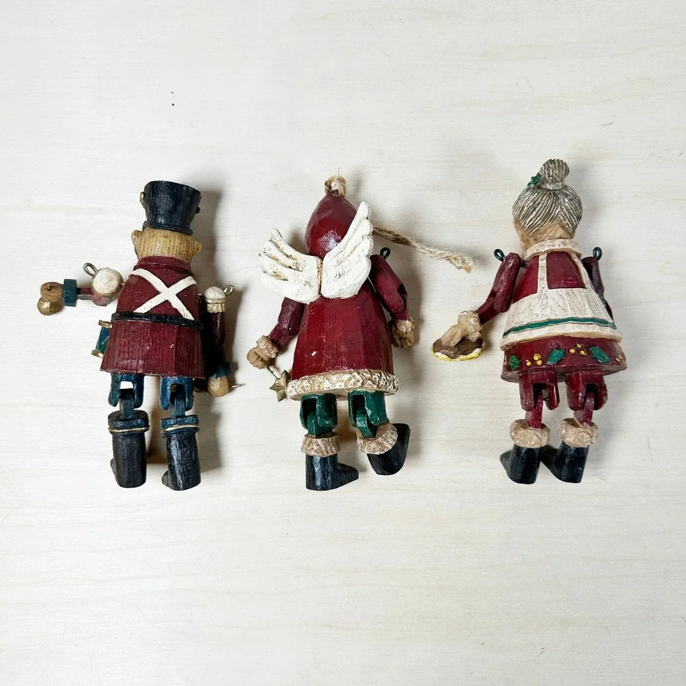 Christmas‎ Jointed Resin Folk Art Ornaments X3 Set Angel Drummer Mrs Claus VTG